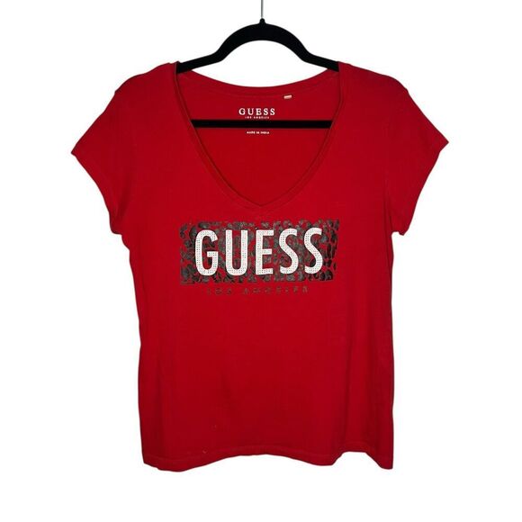 GUESS Women’s Large V-Neck T-Shirt Top Red Rhinestones Cotton Y2K - Picture 1 of 4